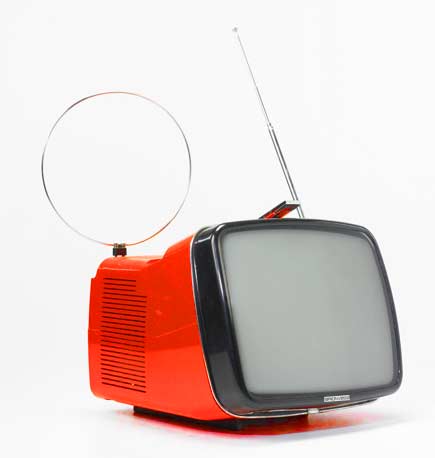 A red Brionvega Algol Television