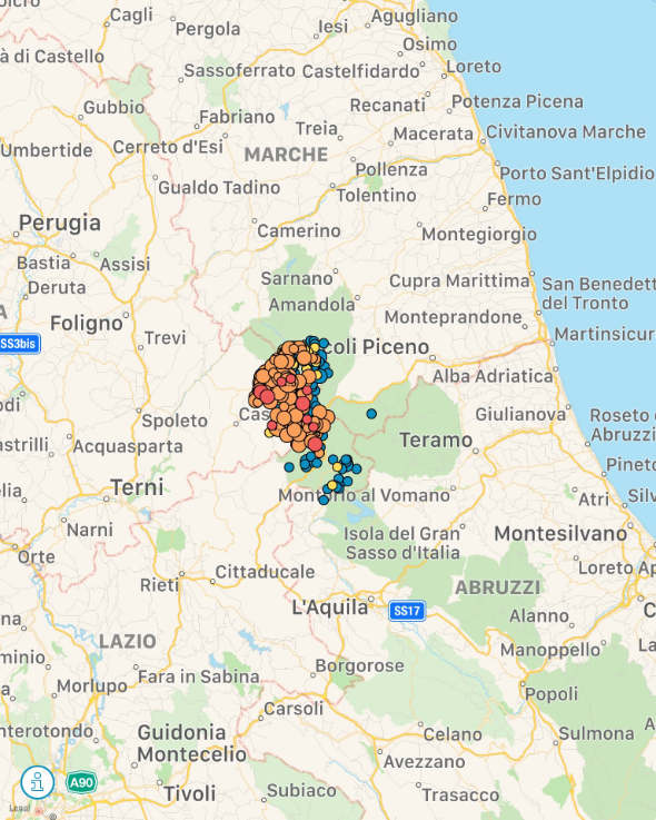 Map showing area of Italy affected by recent earthquakes and 18,000 aftershocks - via INGV